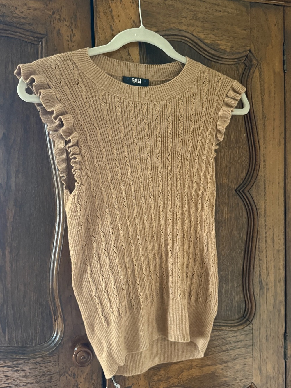 PAIGE Camel Ruffle-Sleeve Cable Knit sleeveless Top